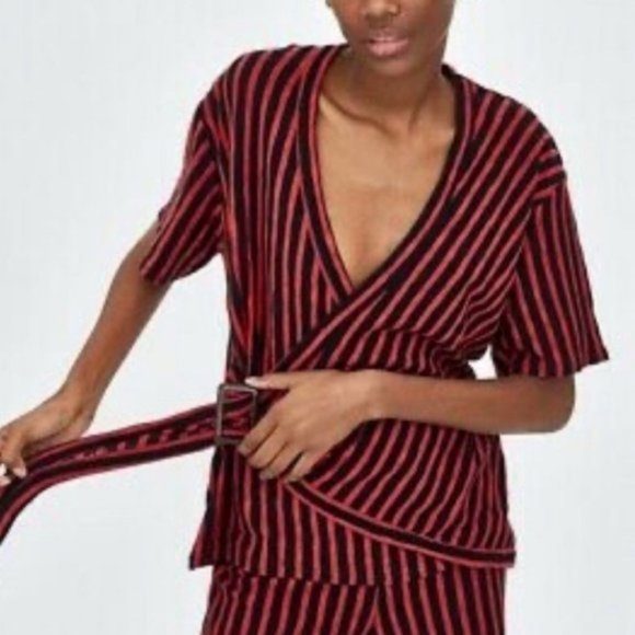Zara Tops - ZARA Black Red  Knit Striped Wrap Top w Buckle